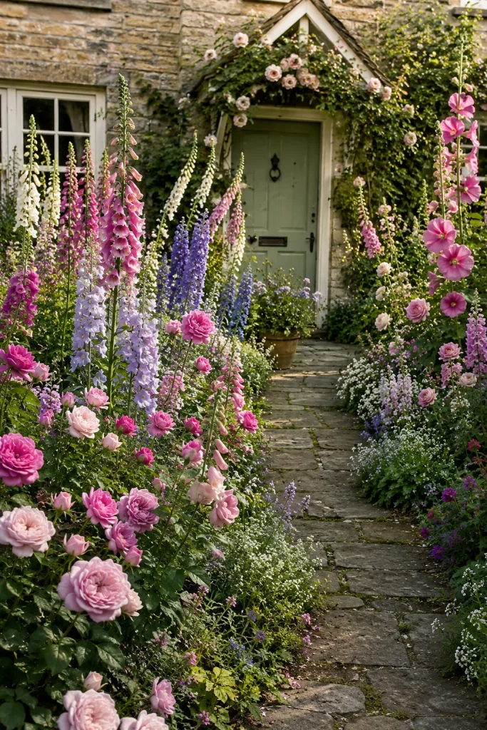 Cottage Garden Border Along the Walkway