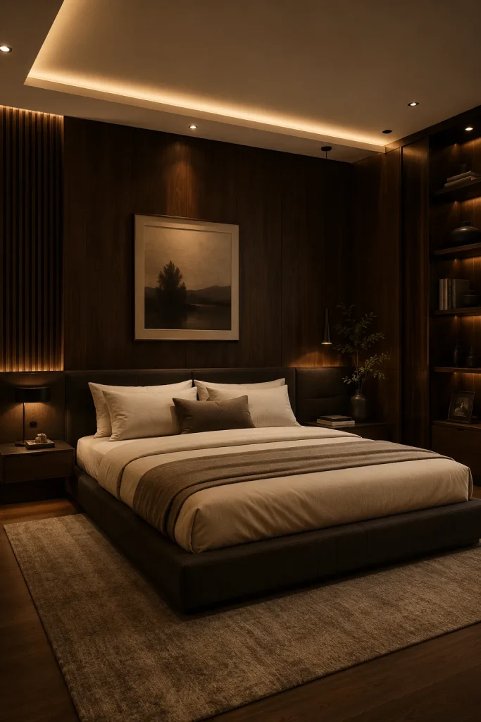  Moody Bedroom with Dark Wood Paneling
