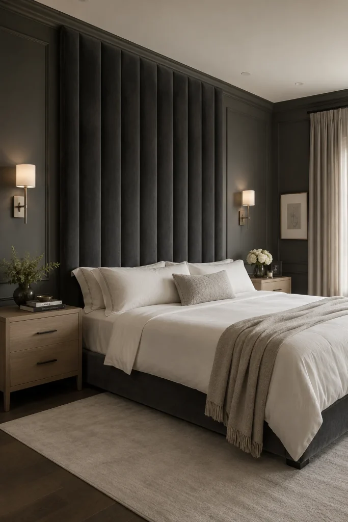 Dark Gray Bedroom with Velvet Headboard