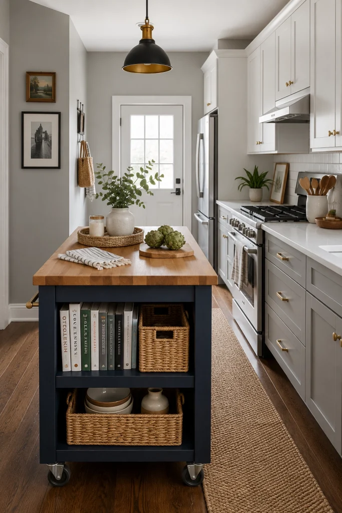 32 Best Small Galley Kitchen Remodel Ideas to Maximize Space 14 Add a Rolling Kitchen Island for Flexible Counter Space