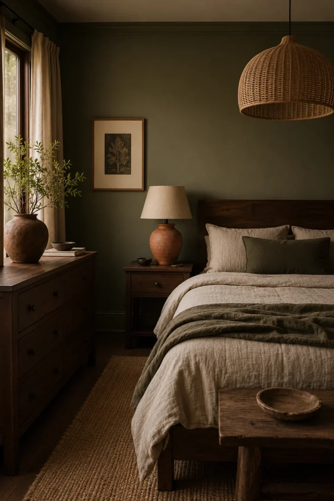  Muted Olive Green Bedroom with Dark Tones