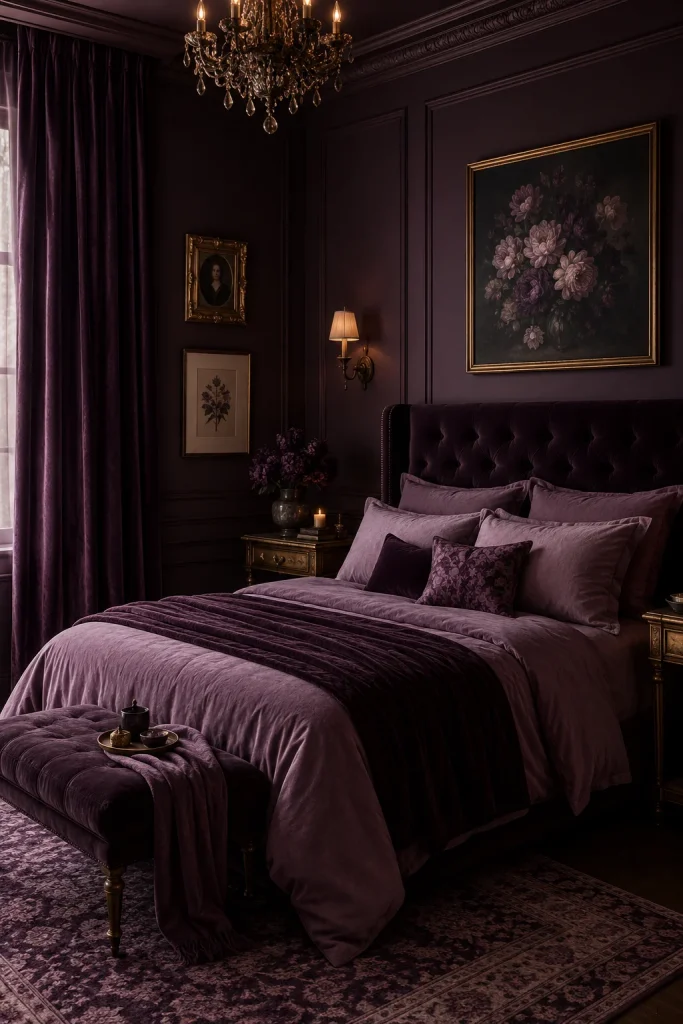 Monochromatic Dark Bedroom in Deep Plum