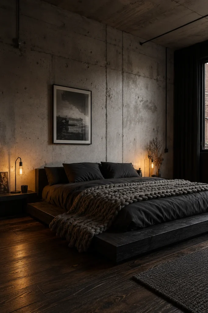 Dark Bedroom with Exposed Concrete Finish