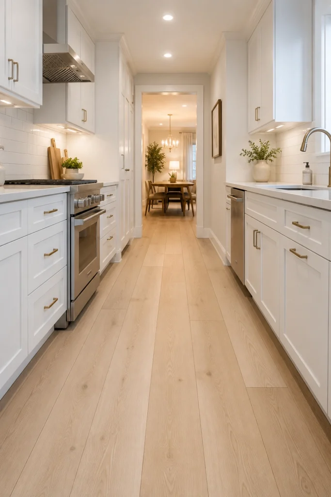 32 Best Small Galley Kitchen Remodel Ideas to Maximize Space 18 Lay Flooring Planks Lengthwise to Elongate the Room