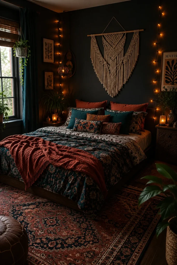 Dark Bohemian Bedroom with Rich Layering