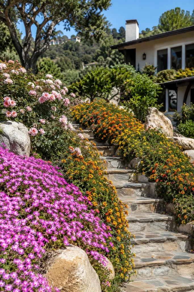 Slope Garden with Cascading Blooms Down a Hill