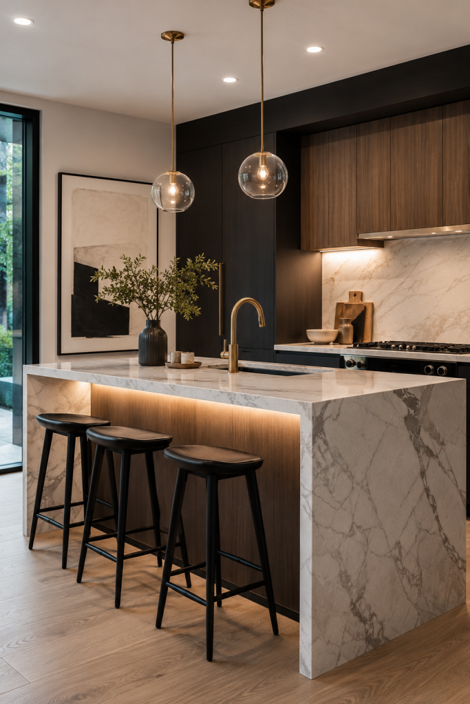 29 Modern Luxury Kitchen Ideas for Small Space Designs 22 Compact Island With Waterfall Edge