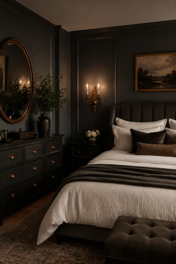 Dark Bedroom with Metallic Accents
