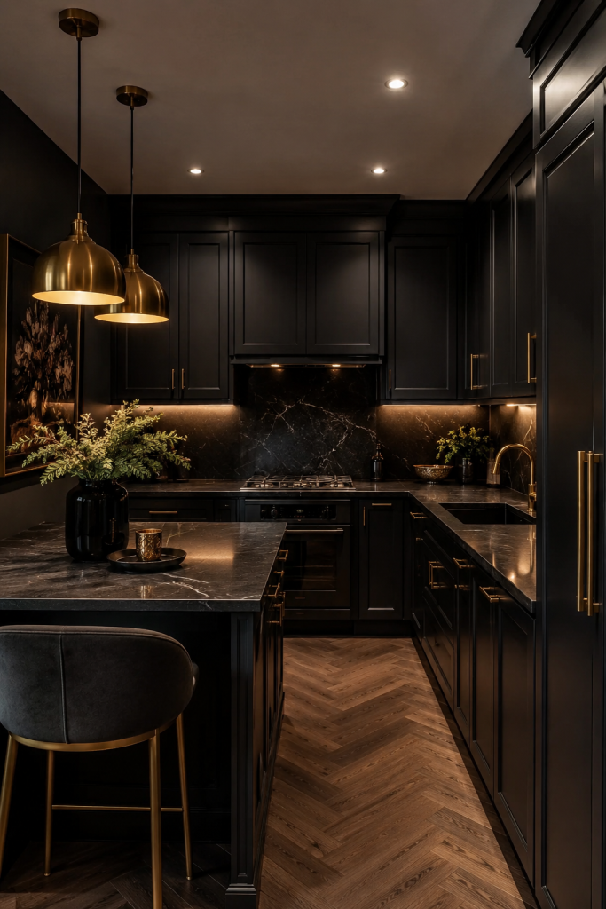 29 Modern Luxury Kitchen Ideas for Small Space Designs 23 Dark Kitchen With Dramatic Lighting