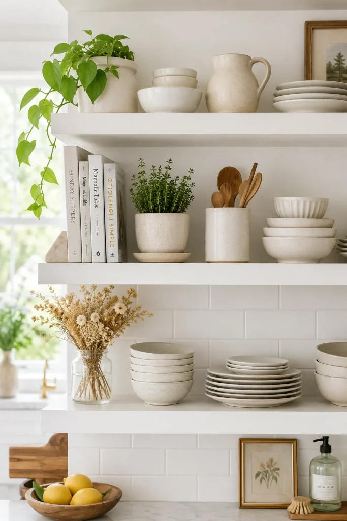 32 Spring Home Decor Ideas for a Fresh Stylish Seasonal Look 23 Decorate Open Shelves in the Kitchen