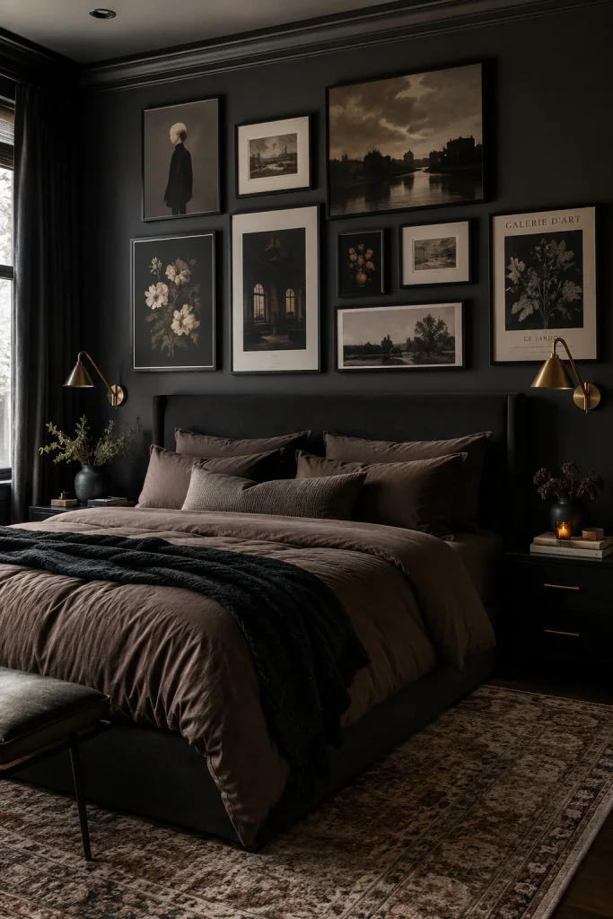 Dark Bedroom with Art Gallery Wall