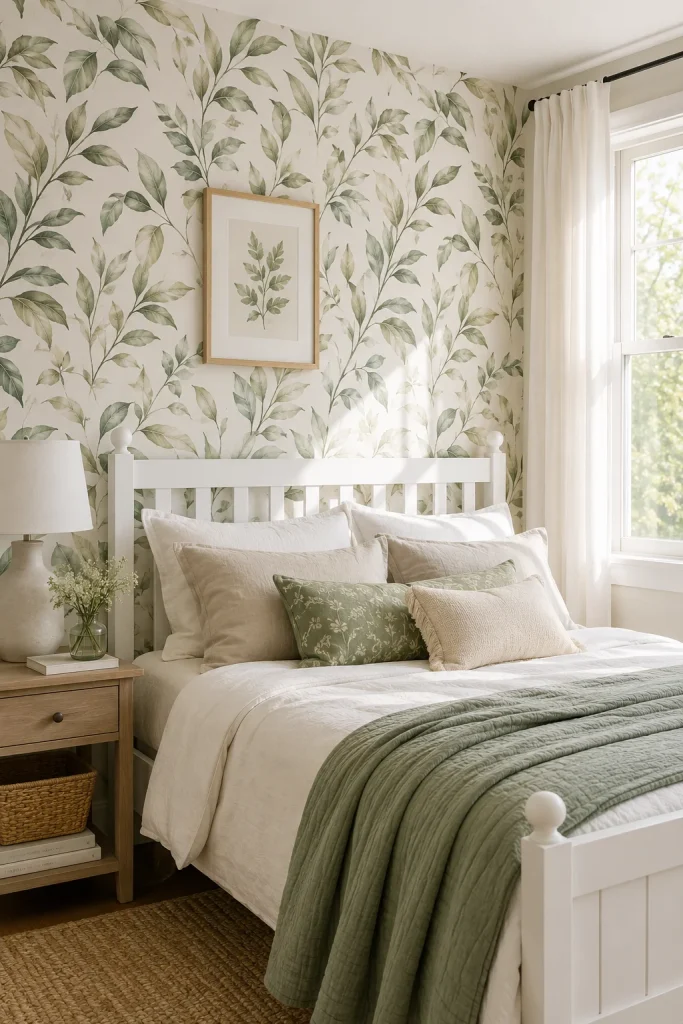 Use a Floral or Leaf-Print Wallpaper on One Wall