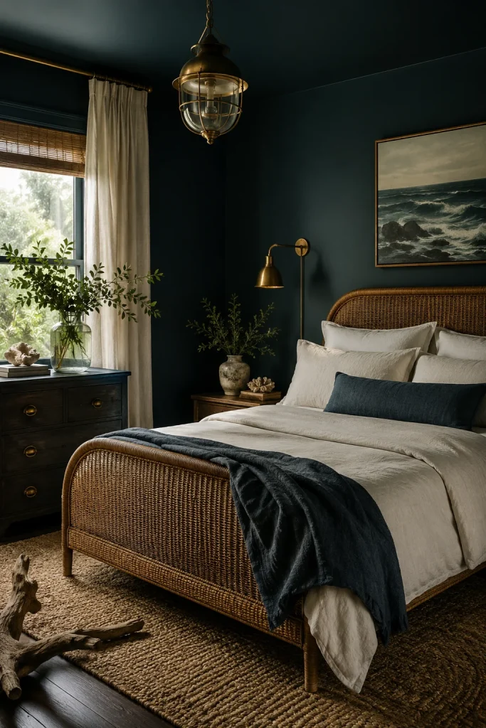 Dark Coastal Bedroom in Deep Ocean Blue