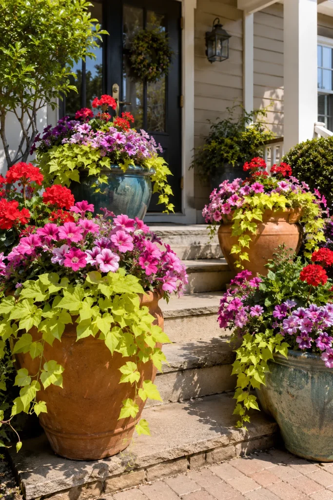 Potted Flower Arrangement on the Front Porch Steps
