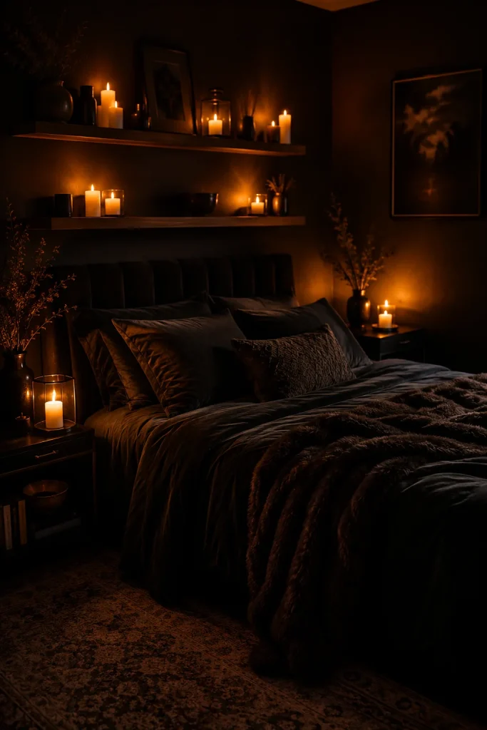 Dark Bedroom with Candles and Warm Glow