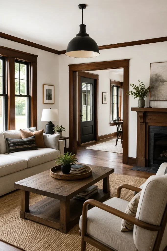 White Painted Ceiling with Dark Wood Trim Detail