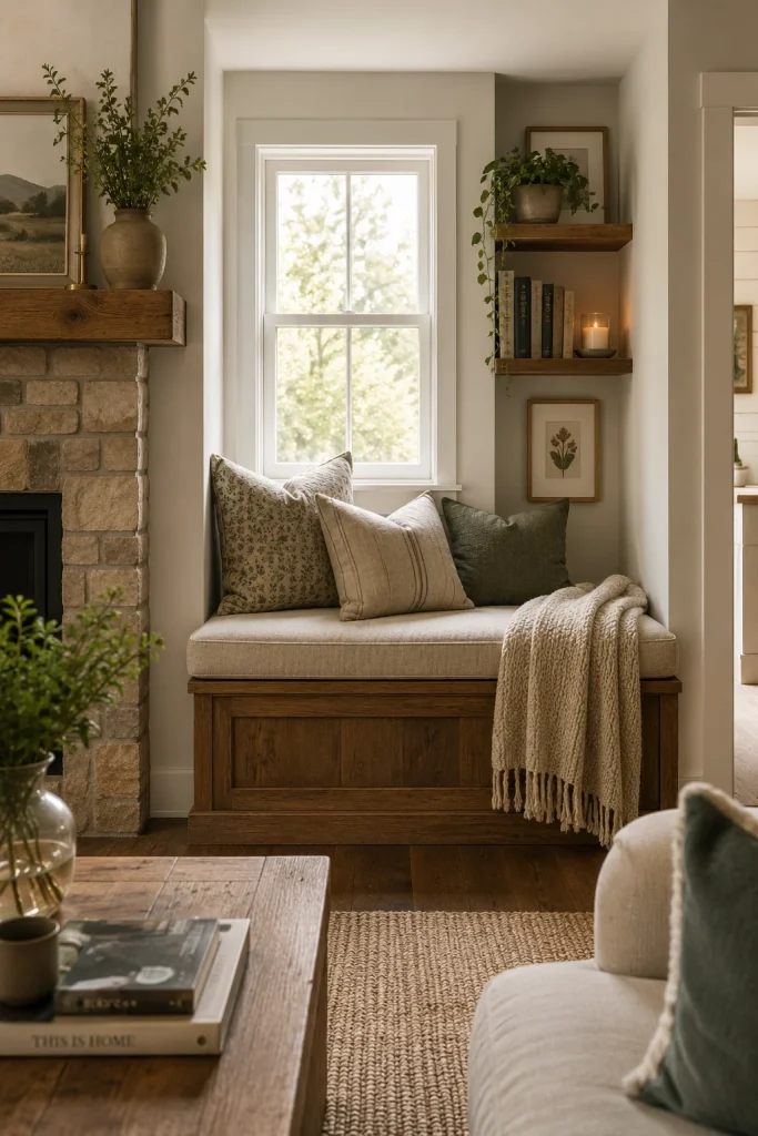 Cozy Reading Nook Corner with Built-In Bench
