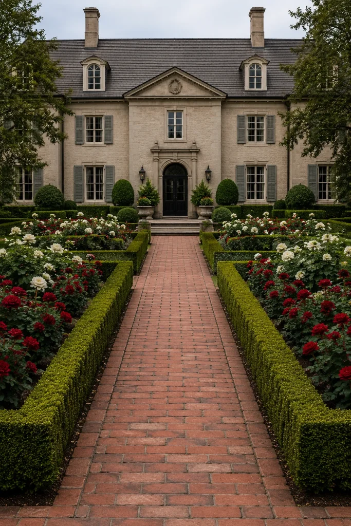 Symmetrical Formal Garden with Clipped Hedges and Roses