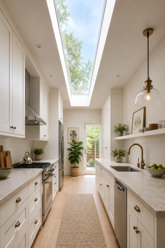 32 Best Small Galley Kitchen Remodel Ideas to Maximize Space 31 Add a Skylight for Overhead Natural Light