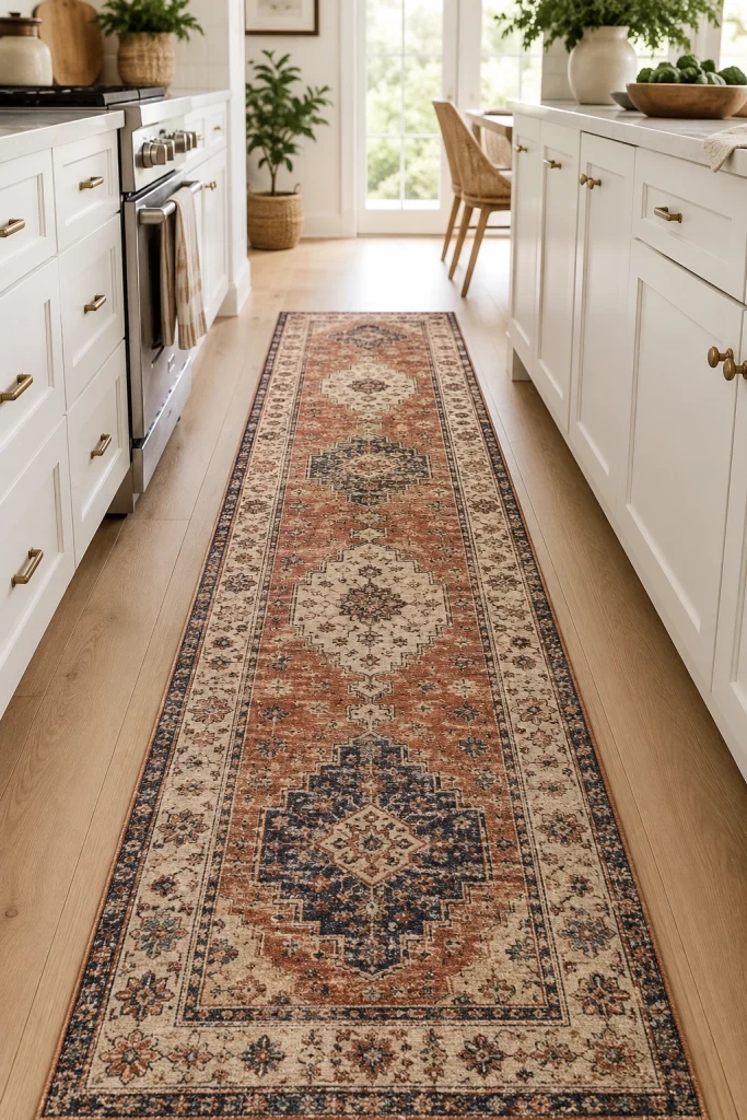 32 Best Small Galley Kitchen Remodel Ideas to Maximize Space 8 Add a Colorful Runner Rug Down the Walkway