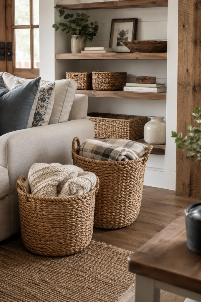 Woven Baskets and Wooden Crates for Storage