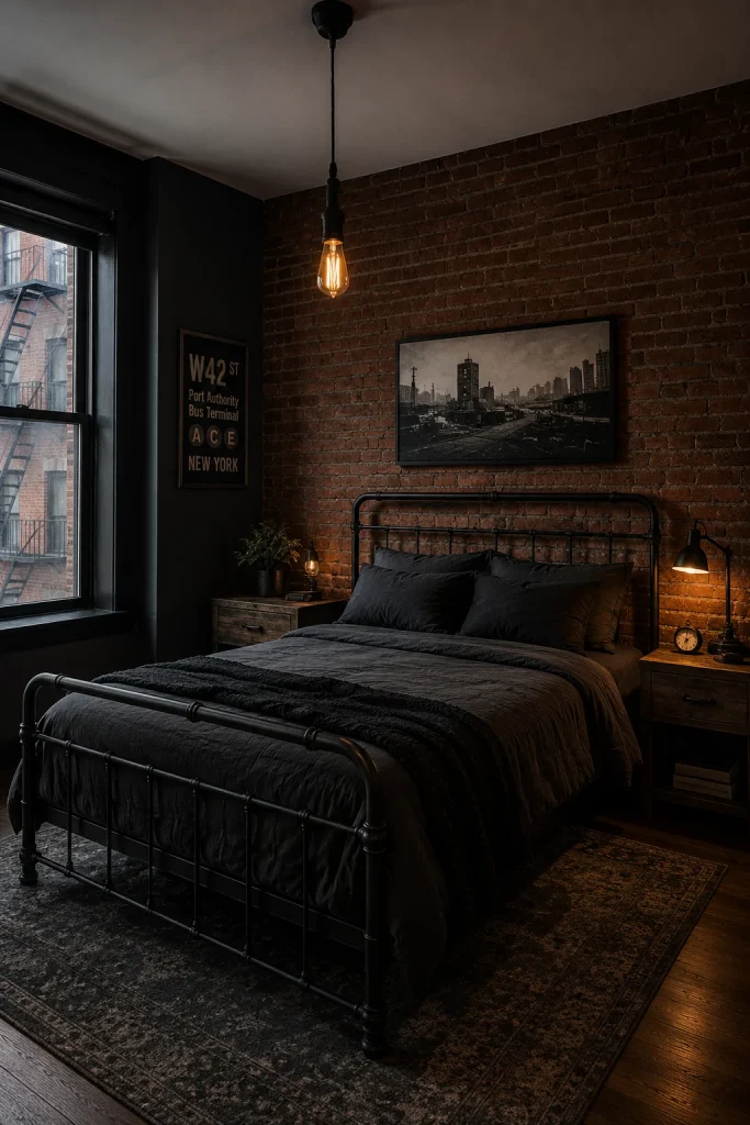 Dark Bedroom with Exposed Brick Wall