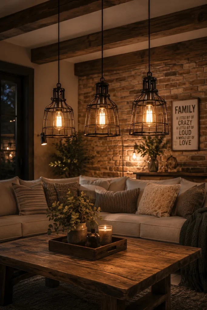 Industrial Pendant Lighting Over the Seating Area