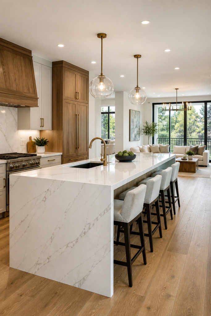 29 Modern Luxury Kitchen Ideas for Small Space Designs 1 Open Concept Kitchen With Waterfall Island