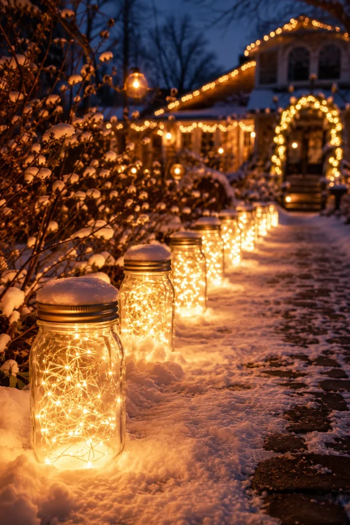 1. Glowing Mason Jar Lanterns Along the Walkway