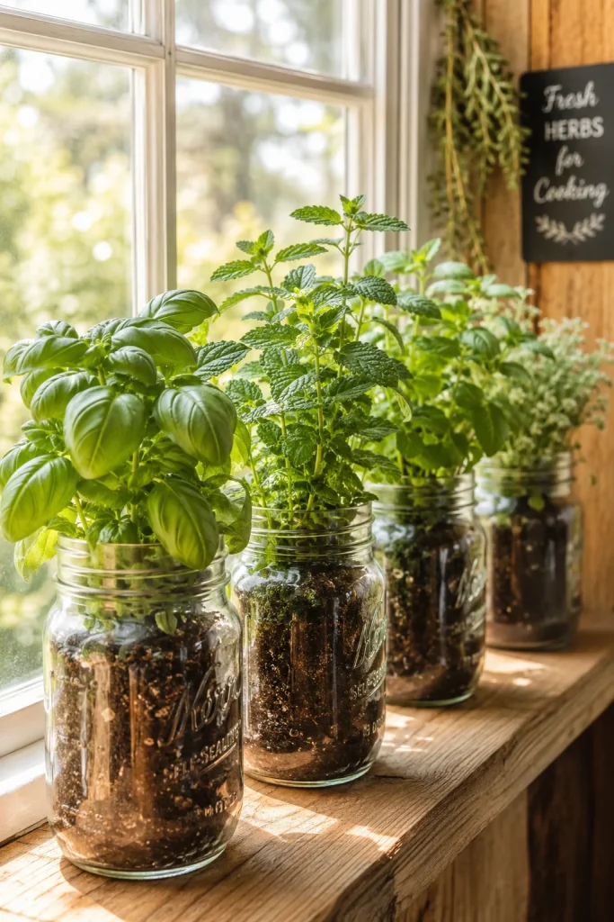 31 Creative DIY Garden Decor Ideas for Indoor & Outdoor Spaces 1 1. Mason Jar Herb Garden