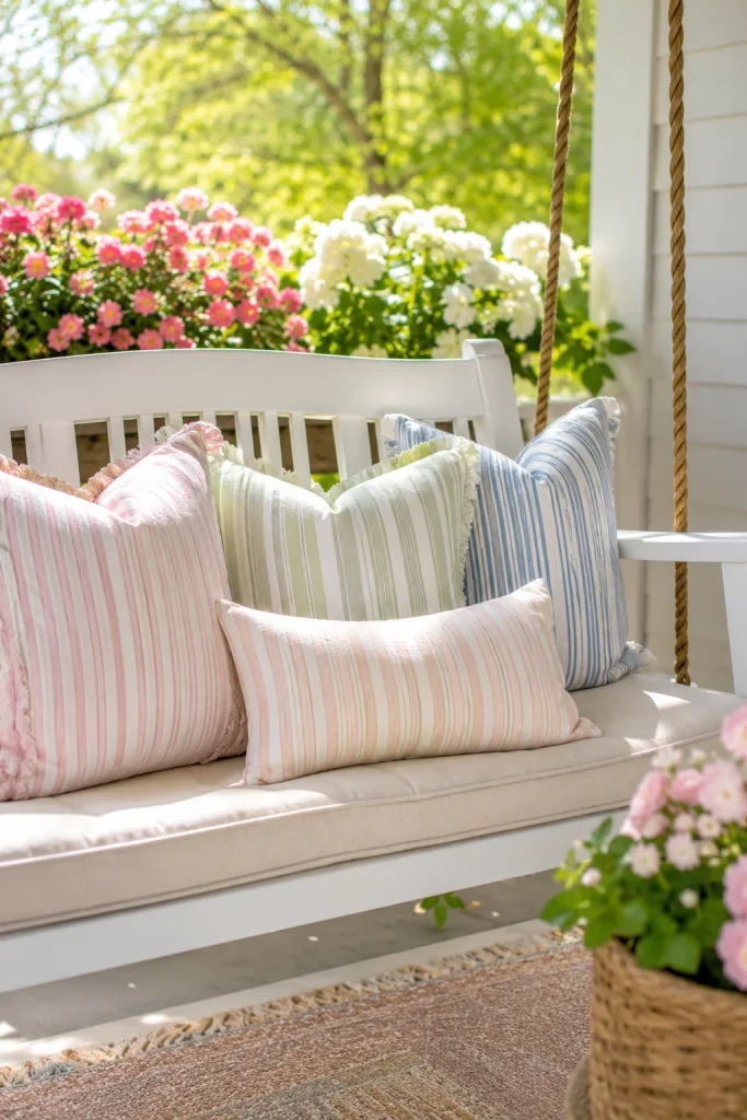 12. Pastel Striped Porch Cushions