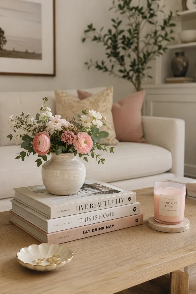 27 Spring Home Decor Ideas to Refresh Your Space in Style 14 Style Your Coffee Table with Spring Books and Candles