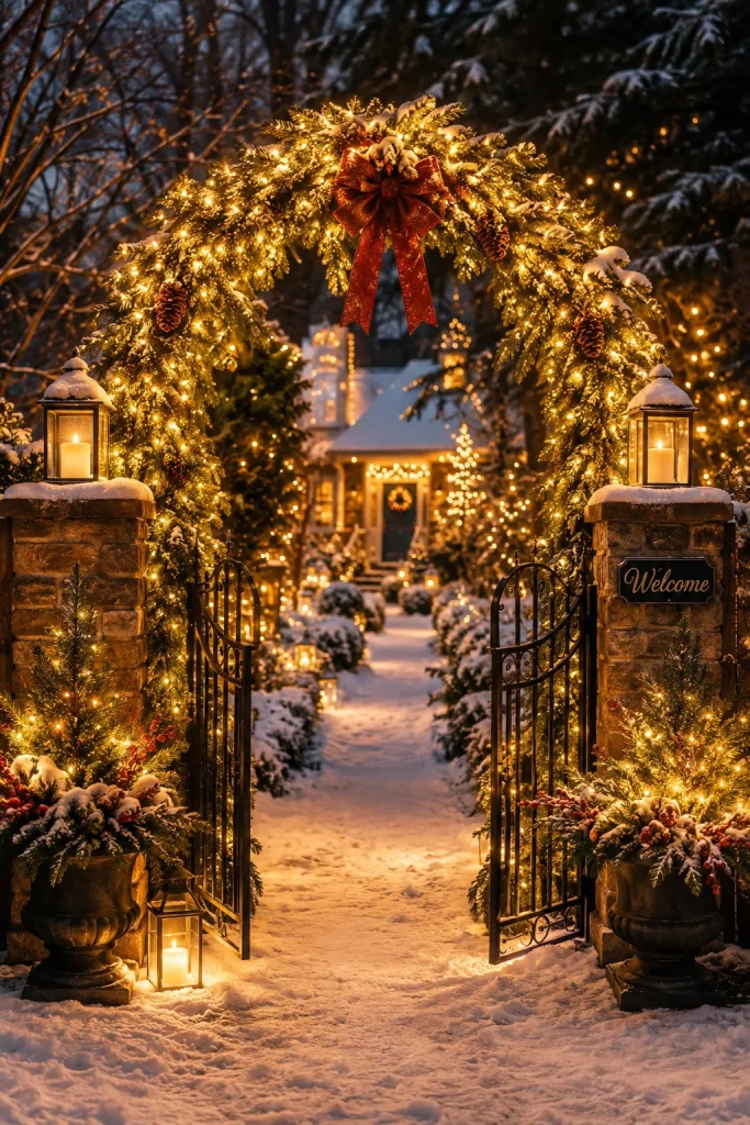 DIY Lighted Christmas Arch Over the Garden Gate