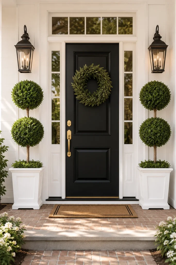 15. Topiary Plants Flanking the Door