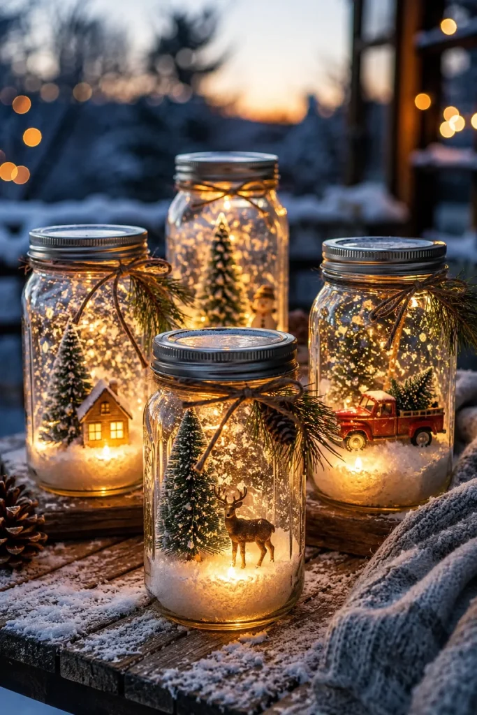 Lighted Mason Jar Snow Globes for the Garden Table