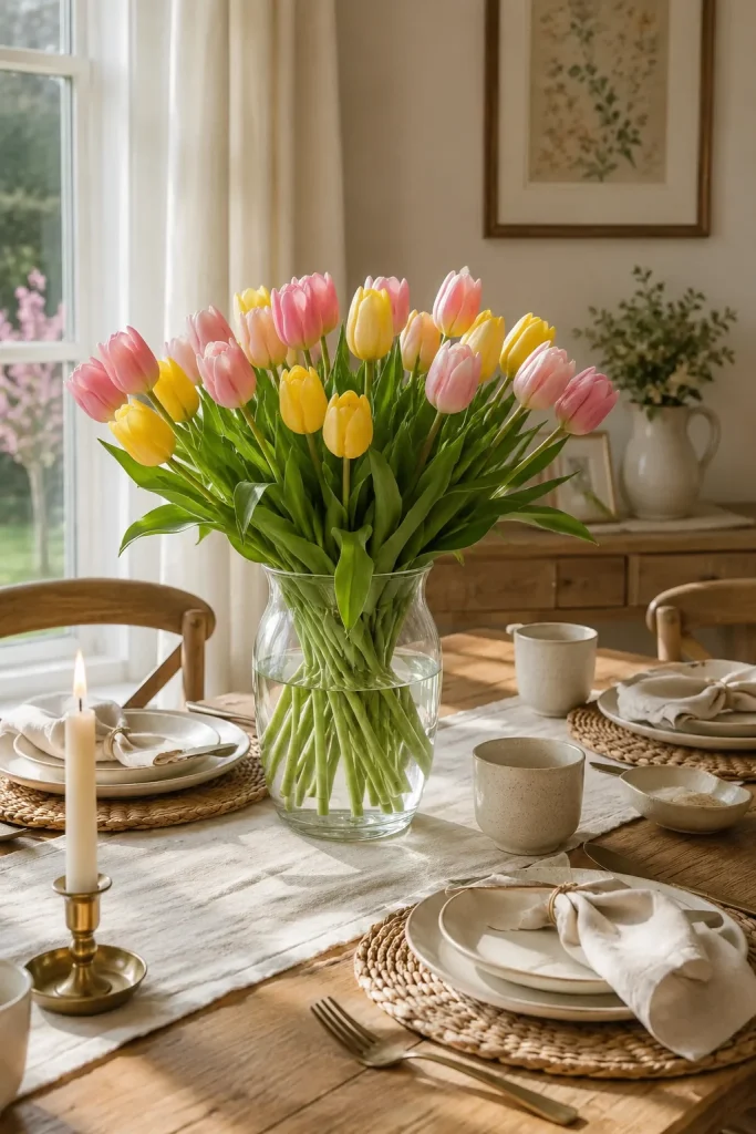 27 Spring Home Decor Ideas to Refresh Your Space in Style 2 Add Fresh Tulips or daffodils to the Dining Table