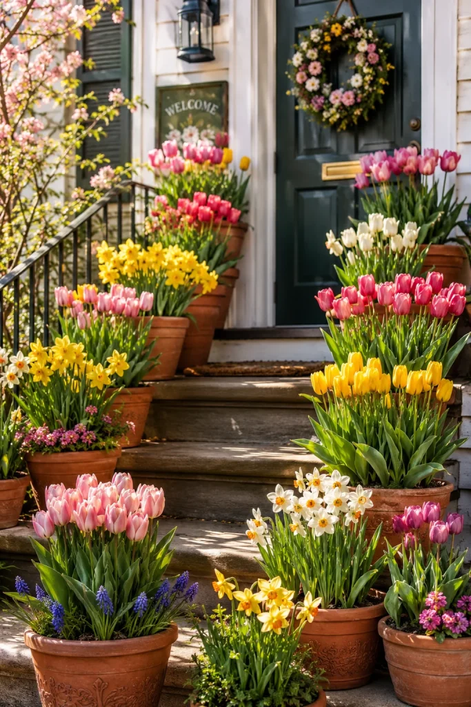 2. Potted Tulips and Daffodils on the Steps