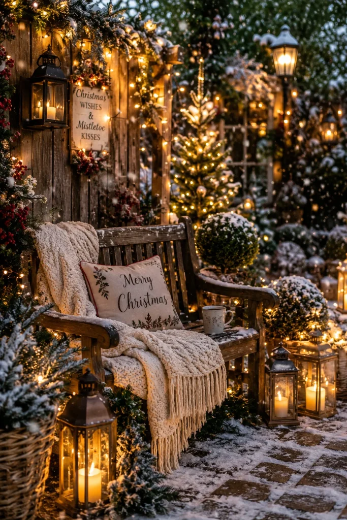  Lighted Garden Bench Display with Throws and Lanterns