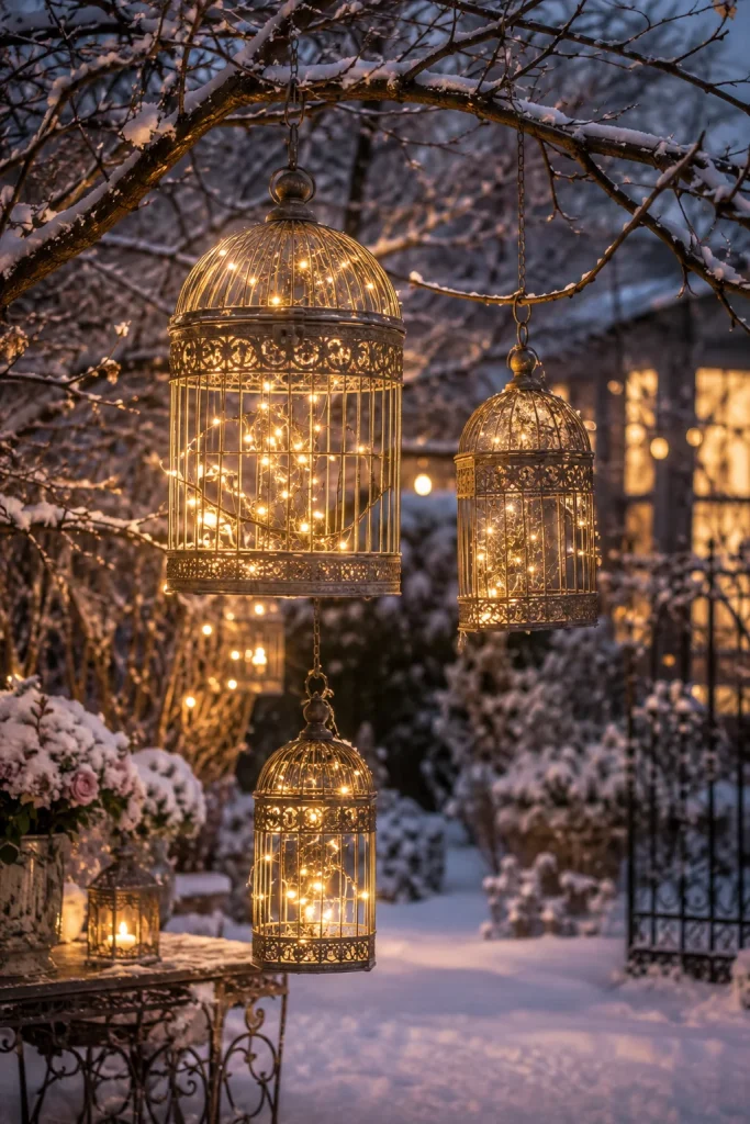  Lighted Birdcage Lanterns Hanging in the Garden