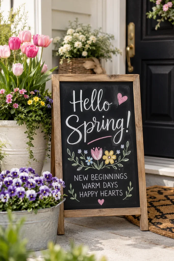 24. Chalkboard Sign with Spring Greetings