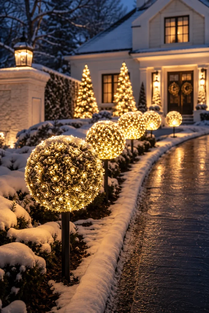 Lighted Topiary Balls Lining the Driveway