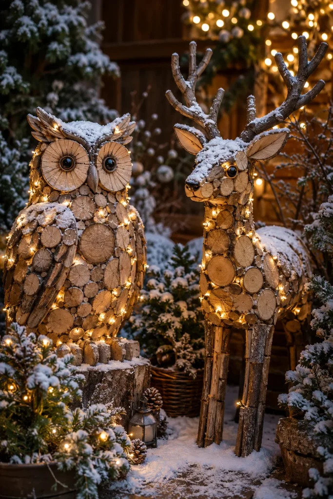 Lighted Christmas Owl or Animal Figures from Logs