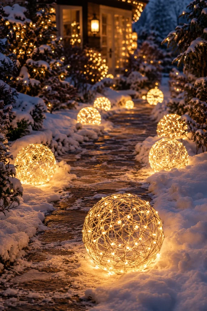  Lighted Christmas Pathway Orbs Made from Wire and Lights