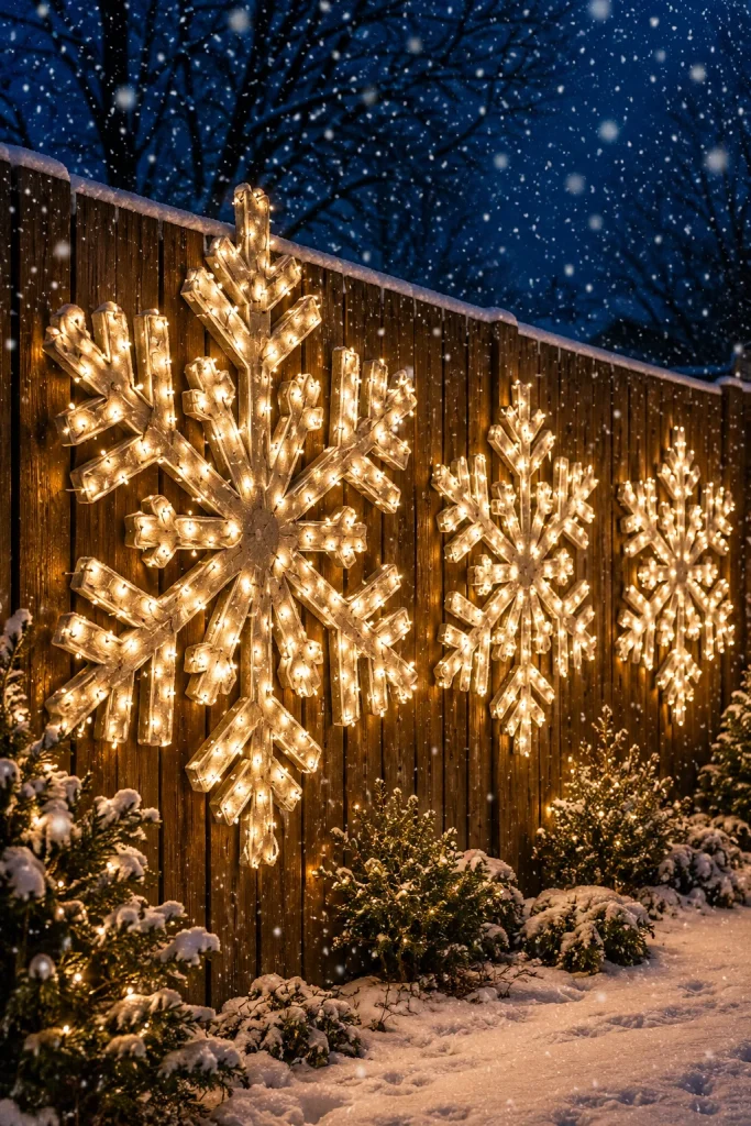 3. DIY Lighted Snowflakes on the Fence
