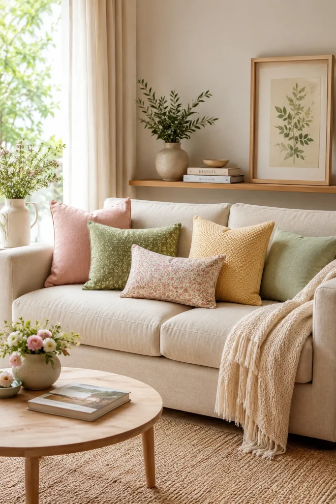 27 Spring Home Decor Ideas to Refresh Your Space in Style 3 Layer Pastel Throw Pillows on Your Sofa