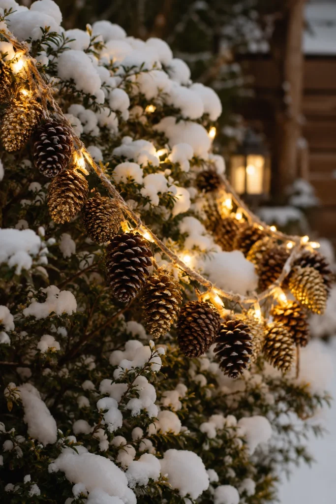 4. Lit Pinecone Garland Draped on Shrubs