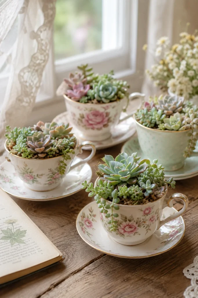 31 Creative DIY Garden Decor Ideas for Indoor & Outdoor Spaces 4 4. Teacup Succulent Planters