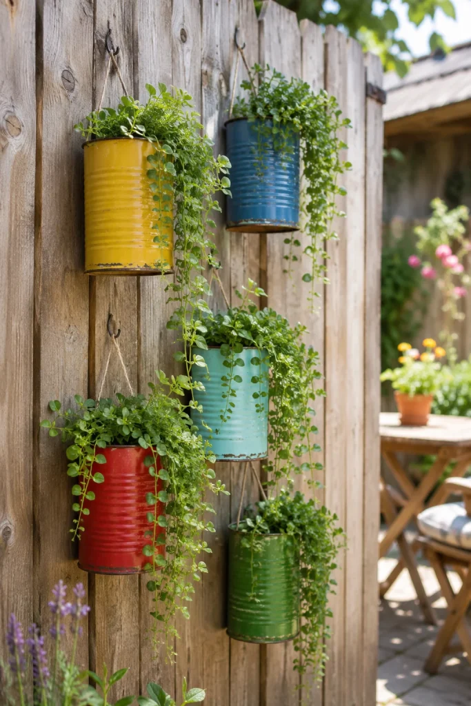 31 Creative DIY Garden Decor Ideas for Indoor & Outdoor Spaces 5 5. Hanging Tin Can Planters
