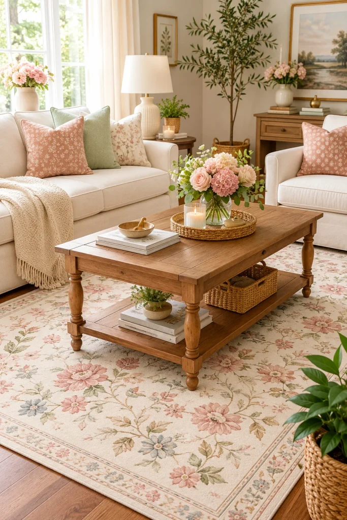 27 Spring Home Decor Ideas to Refresh Your Space in Style 5 Switch to a Light, Floral Area Rug