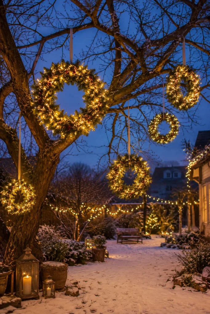 7. Lighted Wreaths Hung from Tree Branches